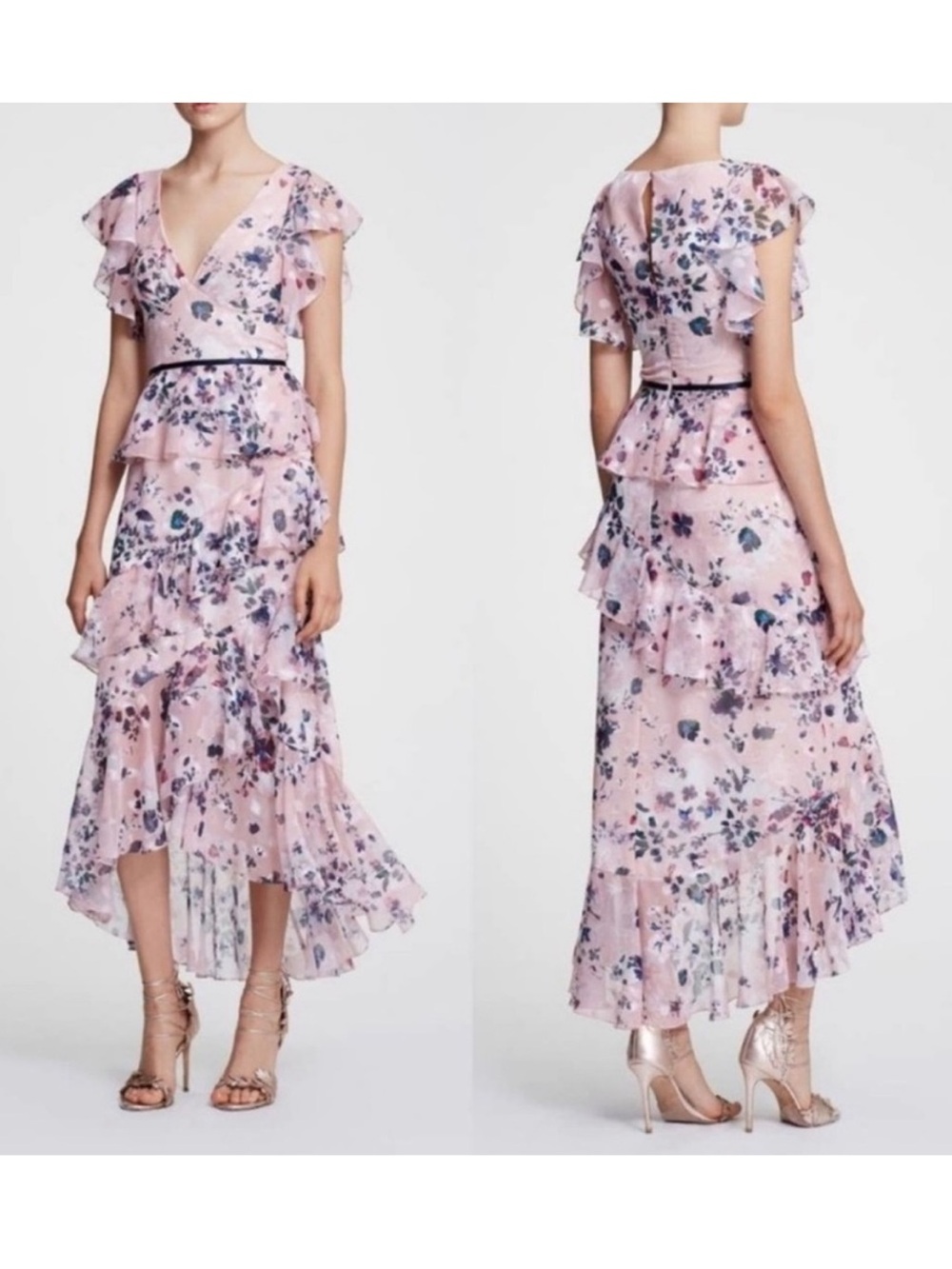 Marchesa Notte Pink Floral Flutter Dress in Size 12 NWT